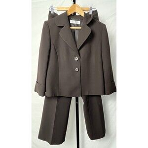 Tahari Levine Pants Suit Set Crop Jacket High Waist Wide Leg Brown 10 Petite 10P